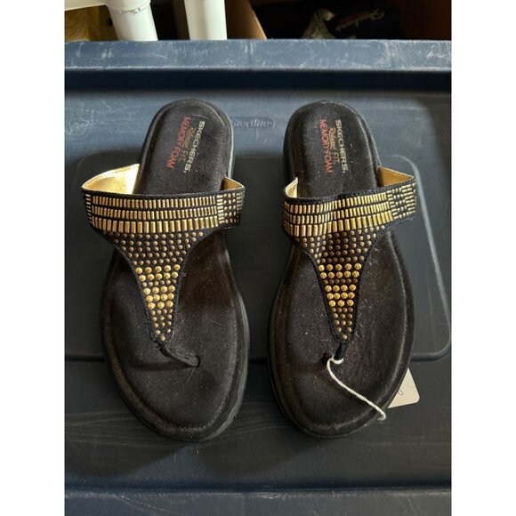 Skechers Black Gold Rhinestone-Studded Memory Foam Relaxed Fit Sandals Womens Si - Picture 1 of 4